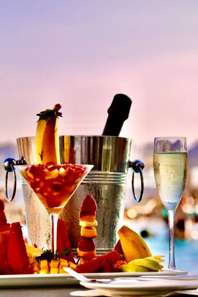 istock Champagne, fruit platter luxury hotel swimming pool 1432772475