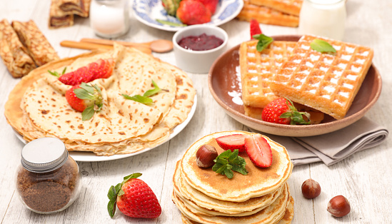 assorted of crepes,  waffles and pancakes