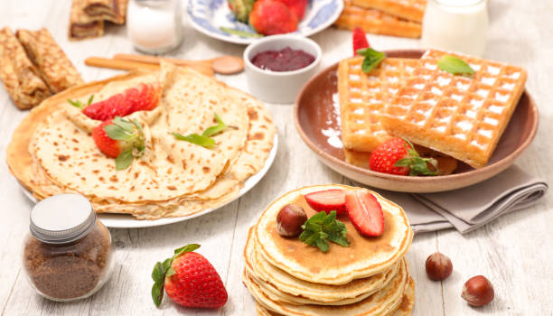 assorted of crepes,  waffles and pancakes stock photo