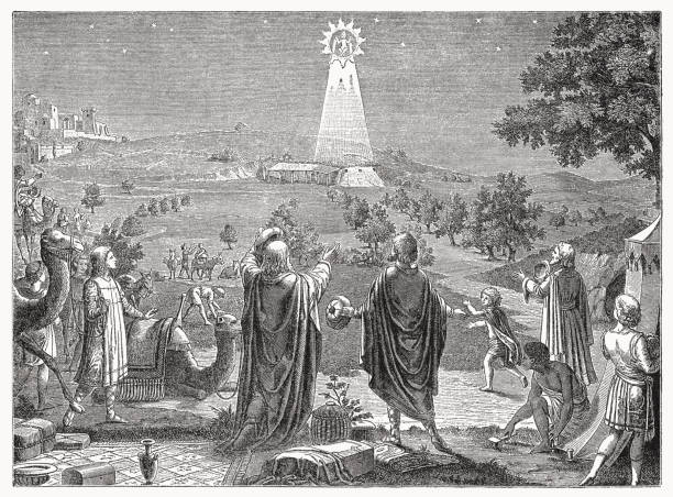 The three wise men in Bethlehem, wood engraving, published 1894 The star of Bethlehem shows the three wise men from the east the way to the crib (Matthew 2, 9 - 11). Wood engraving, published in 1894. christmas three wise men camel christianity stock illustrations