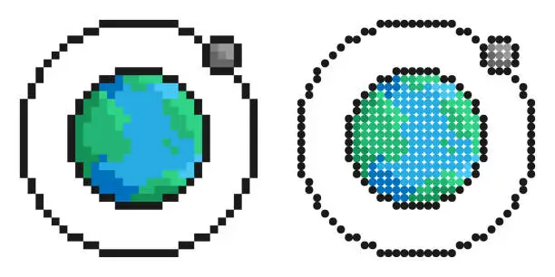 Vector illustration of Pixel icon. Moon rotates in orbit around planet Earth. Satellite of planet. Simple retro game vector isolated on white background