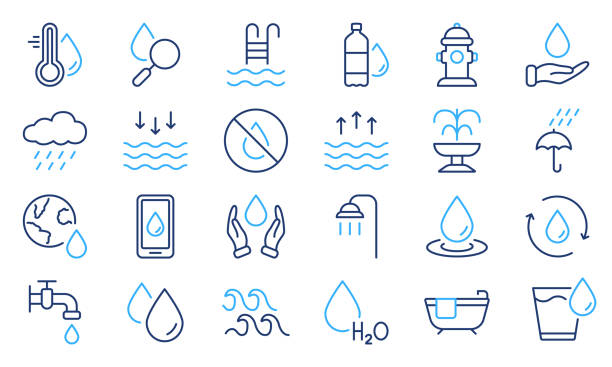 stockillustraties, clipart, cartoons en iconen met mineral water, low and high tide, shower, plastic bottle and glass outline pictogram. fire hydrant and fountain. water line icon set. drop water linear icon. editable stroke. vector illustration - drinken