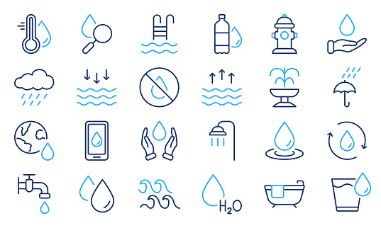 Mineral Water, Low and High Tide, Shower, Plastic Bottle and Glass Outline Pictogram. Fire Hydrant and Fountain. Water Line Icon Set. Drop Water Linear Icon. Editable stroke. Vector illustration.