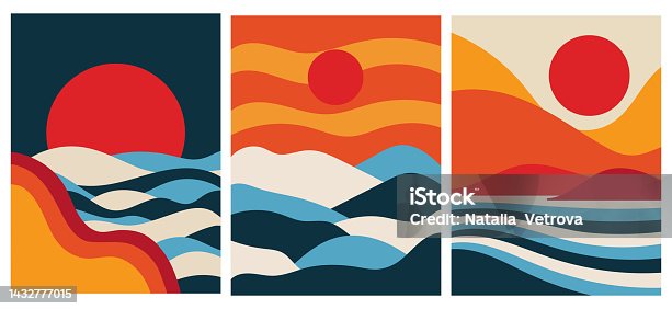 istock Vintage illustrations in boho style with sea, sun, waves. 1432777015