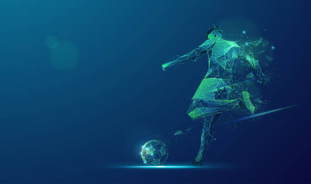 kickingBall graphic of wireframe soccer player shooting ball with lighting effect pics for football graphics stock illustrations