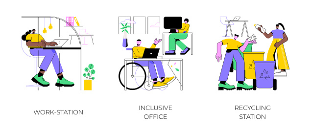 Office design and interior isolated cartoon vector illustrations set. Work-station in smart office, inclusive working environment, recycling station at modern business workplace vector cartoon.