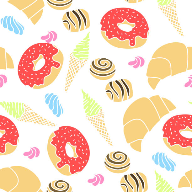 bezszwowy patter ze słodkim i pustynnym pączkiem, rogalikiem, lodami, cukierkami i śmietaną. ilustracja wektorowa. - seamless croissant pattern ice stock illustrations