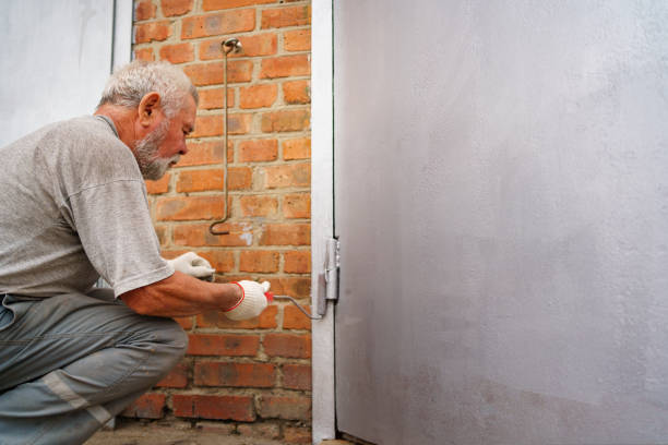 istock an elderly gray-haired man paints the metal garage door with a roller. 1432780512