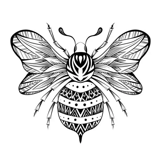 Vector illustration of Vector drawing of a bee tattoo. Monochrome drawing of honeybee with tracery ornament. Insect with wings with boho ornament