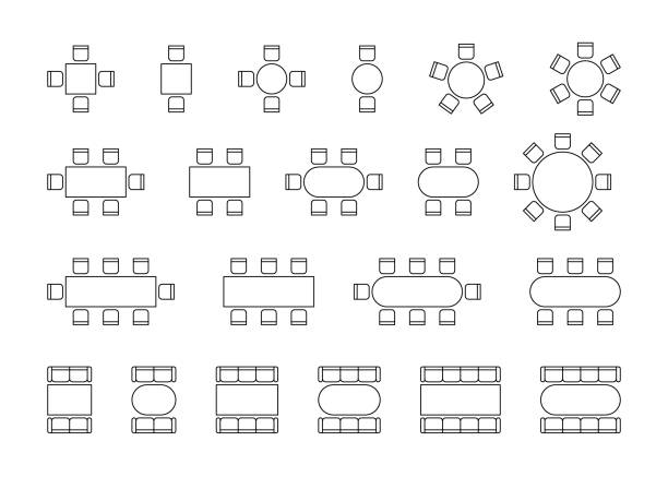 Set of plan for arranging seats couch and tables in interior, layout graphic outline elements. Chairs and tables signs in scheme architectural plan. Office and home furniture, top view. Vector line Set of plan for arranging seats couch and tables in interior, layout graphic outline elements. Chairs and tables signs in scheme architectural plan. Office and home furniture, top view. Vector table chair icon stock illustrations