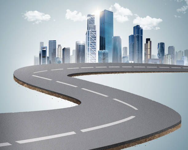 istock 3d illustration of infinity road with clouds or never ending road design advertisement isolated. never ending road design advertisement. city skyline with piece of land isolated. 1432782727