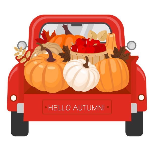 ilustraciones, imágenes clip art, dibujos animados e iconos de stock de baúl de pumpkin car - car white background isolated on white orange