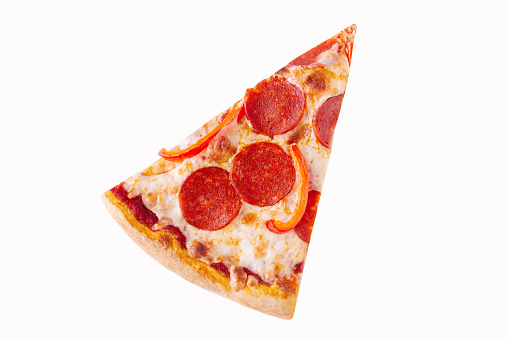 Slice of pizza with peperroni on white background, isolate