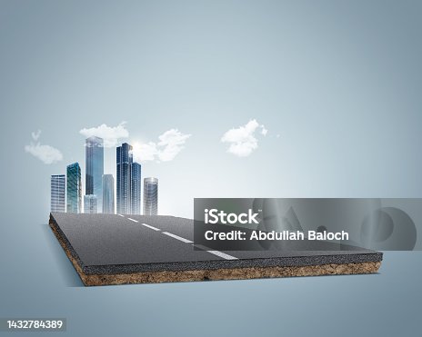 istock 3d illustration of travel and vacation road advertisement, Bending road and highway isolated ads. city skyline with piece of land isolated. 1432784389