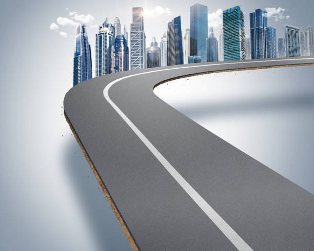 istock 3d illustration of infinity road with skyline buildings. never ending road design advertisement 1432784394