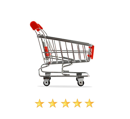Shopping cart and 5 gold stars rating isolated on white background. Retail consumer buying online assessment and review concept