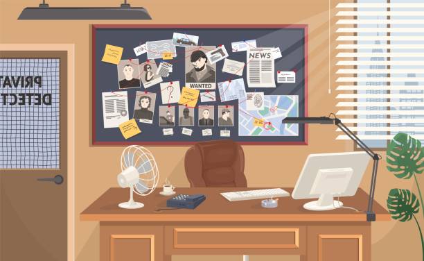 Detective office work place interior flat vector Private detective office workplace interior flat vector illustration. Police office with investigation board. Room with desk table, investigator board showing research and analysis about crime detective map stock illustrations