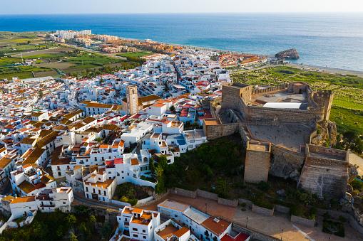 Aerial panoramic view of  Salobrena city with buildings and landscape, Granada, Spain
