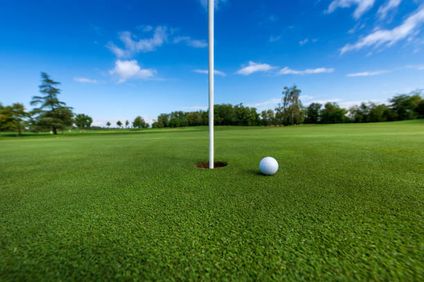 istock Golf ball near hole in field 1432787456