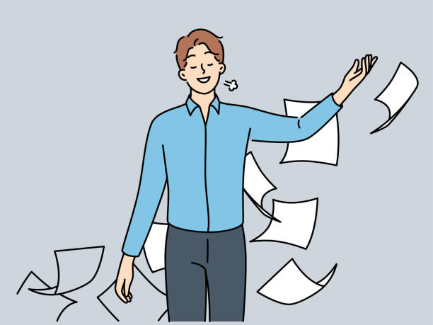 ilustrações de stock, clip art, desenhos animados e ícones de happy businessman throw papers feel relieved - document file emotional stress paperwork