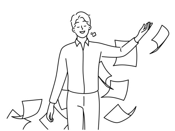 幸せなビジネスマンは紙を投げて安心します - document file emotional stress paperwork点のイラスト素材／クリップアート素材／マンガ素材／アイコン素材