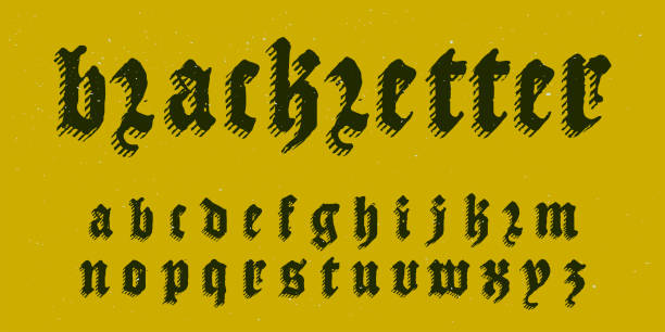 Alphabet in blackletter style logo with grunge texture. Frightening lowercase gothic icon font. Perfect for retro style identity, music album covers, movie posters, luxury packaging, medieval design. german beer stock illustrations