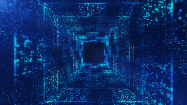 digitaler tunnel aus cyberspace-glitzerpartikeln, die blauen hintergrund beleuchten - computer software tunnel data technology stock-fotos und bilder