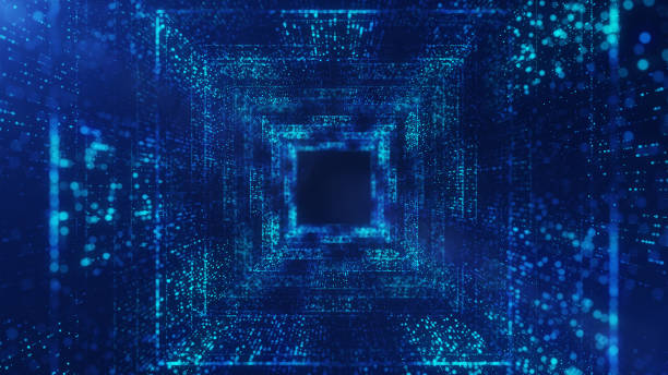 istock Digital tunnel of cyberspace glitter particles lighting blue background 1432788118