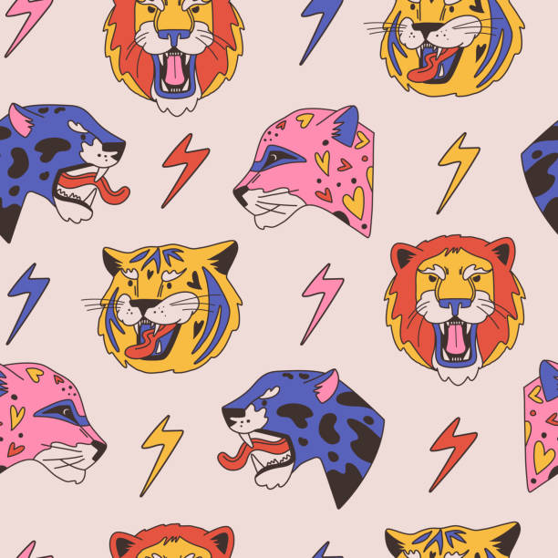 wild cats Stylish seamless pattern with roaring panther, lion, cheetah, tiger, leopard heads vector illustration on abstract background. Trendy design. Colorful hand drawn wild cast print for t shirt, poster, tattooing, textile. Funny predators, isolated. cute cheetah print cartoon stock illustrations