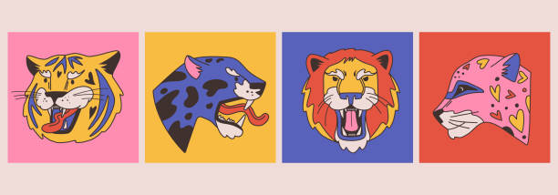 dzikie koty - tiger lion leopard cartoon stock illustrations