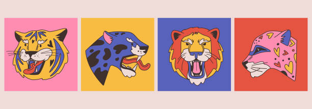 wild cats Set of roaring cats:
panther, lion, cheetah, jaguar, leopard, tiger heads vector illustration on abstract background. Trendy design. Colorful hand drawn wild cats print for t shirt, poster, tattooing. Funny predators, isolated. cute cheetah print cartoon stock illustrations
