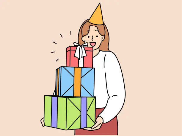 Vector illustration of Overjoyed woman with stack of presents