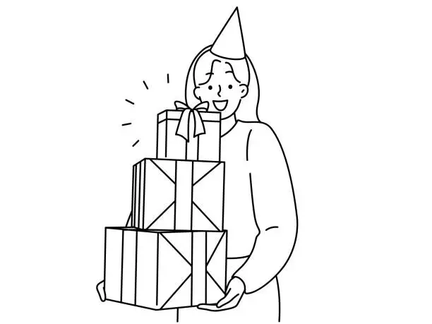 Vector illustration of Overjoyed woman with stack of presents