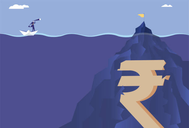 istock Business man standing on paper boat looking for Indian rupee with binoculars 1432788411