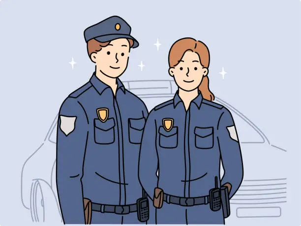 Vector illustration of Police officers in uniform near car