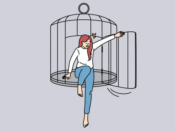 Vector illustration of Happy woman escape cage into free life