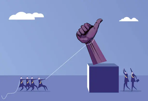 Vector illustration of People use rope to help business man pull his thumbs down
