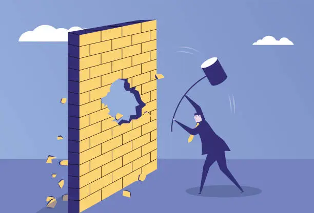Vector illustration of Business man smashes the partition wall with a sledgehammer