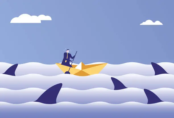 Vector illustration of Business man paddling on sea full of sharks