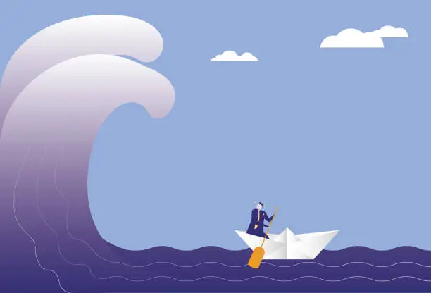 Vector illustration of Business man sailing in huge waves with paper boat, escaping from adversity