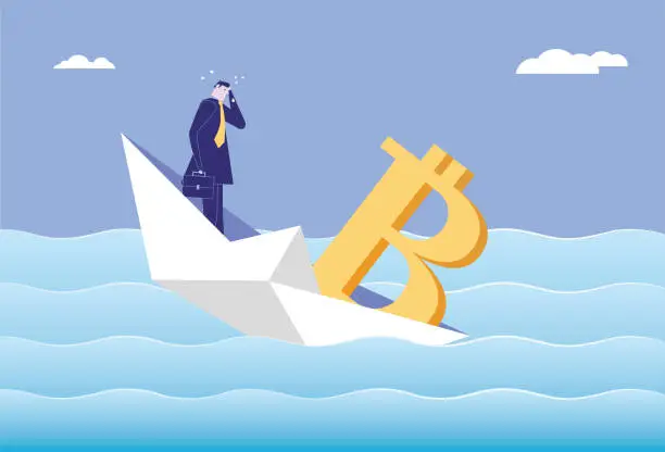Vector illustration of Business man sinking at sea in paper boat full of bitcoins