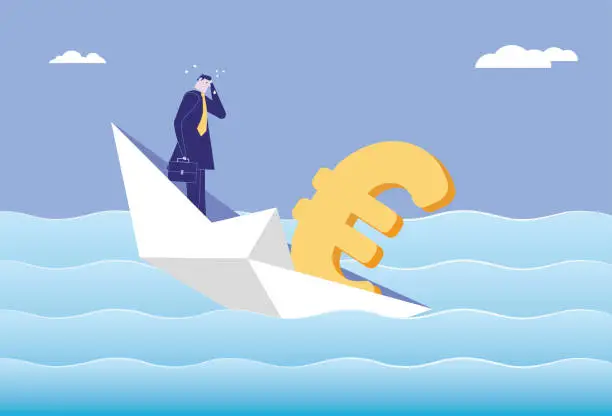 Vector illustration of Business man sinking at sea in paper boat full of euros