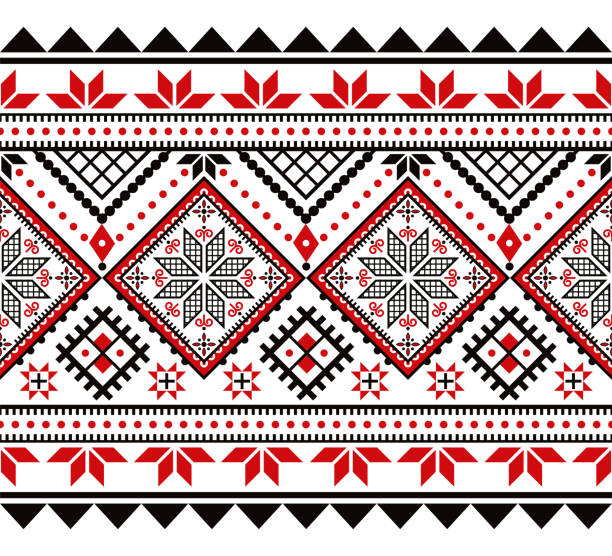 Ukrainian seamless vector pattern - Hutsul Pysanky (Easter eggs) folk art style design with stars and geometric shapes Traditional long horizontal ornamental design in black and red from Hutsulshchyna in Ukraine slavic culture stock illustrations