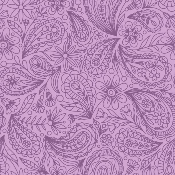 ilustrações, clipart, desenhos animados e ícones de fundo sem costura do vetor rosa com padrão de contorno de paisley roxo - textile blue leaf paisley