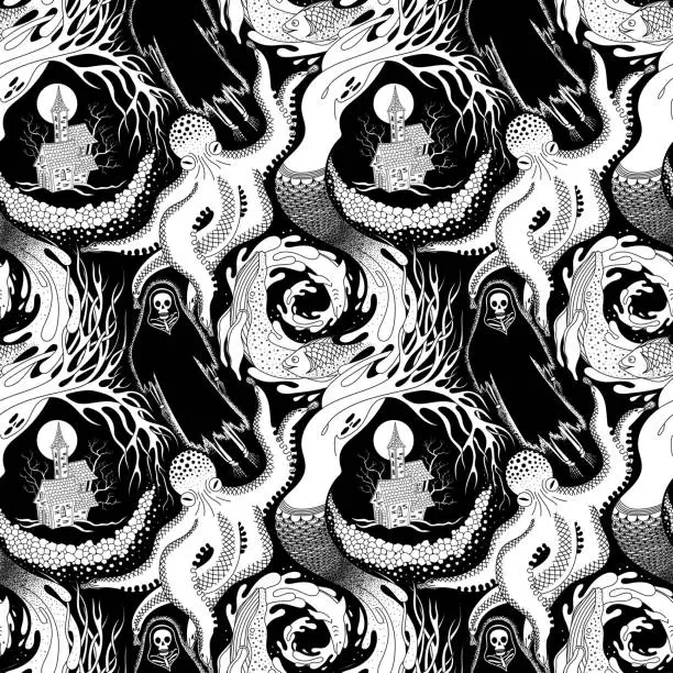 Vector illustration of BLACK AND WHITE VECTOR SEAMLESS PATTERN OF DIFFERENT PHANTASMAGORIC SCARY CREATURES OF THE ANIMAL AND AQUATIC WORLD