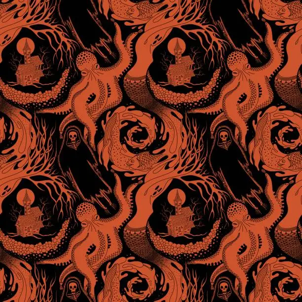 Vector illustration of BLACK AND ORANGE VECTOR SEAMLESS PATTERN OF DIFFERENT PHANTASMAGORIC SCARY CREATURES OF THE ANIMAL AND AQUATIC WORLD