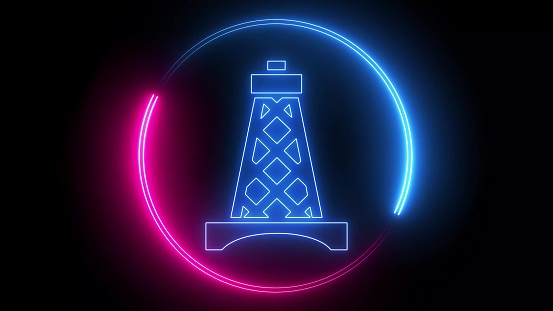 Oil rig icon with glowing neon line 
isolated on black background.
 Gas tower. abstract illustration background.
