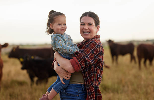 Family, mother and baby on a farm with cows in the background eating grass, sustainability and agriculture. Happy organic dairy farmer mom with her girl and cattle herd outside in sustainable nature Family, mother and baby on a farm with cows in the background eating grass, sustainability and agriculture. Happy organic dairy farmer mom with her girl and cattle herd outside in sustainable nature two cows stock pictures, royalty-free photos & images