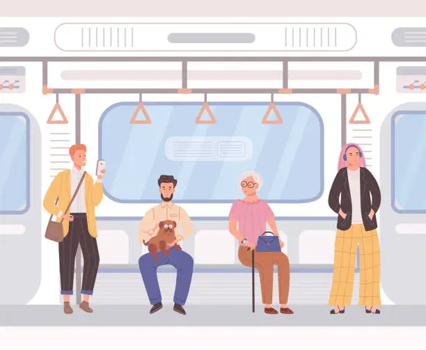 Vector illustration of Underground railway commuter carriage with sitting and standing passengers