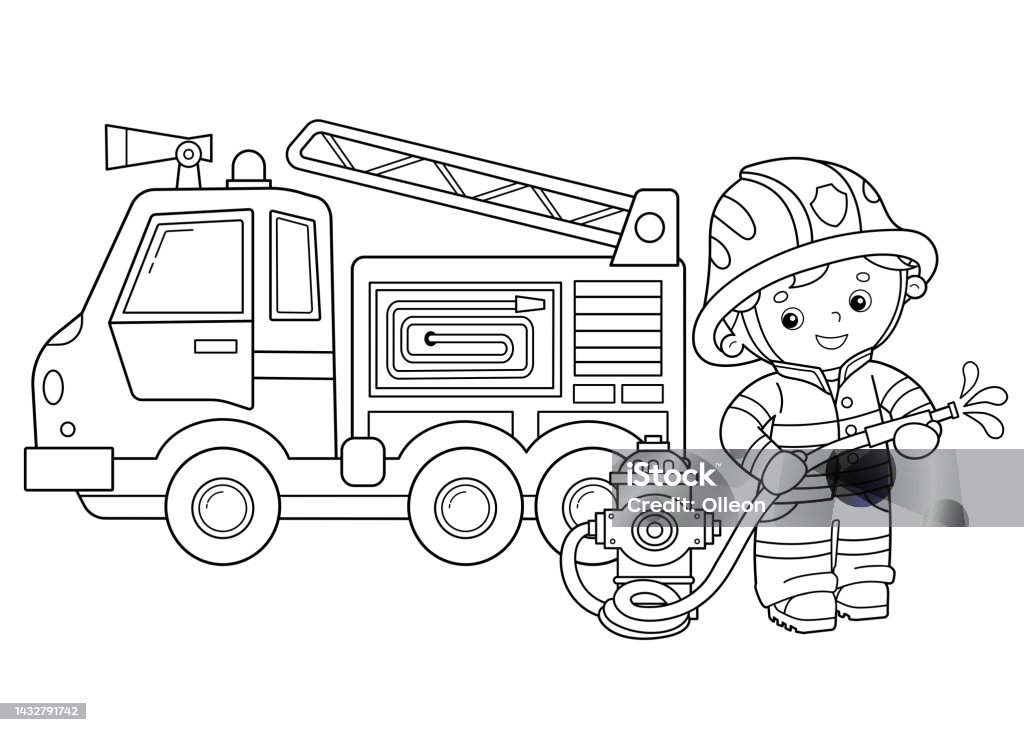 Coloring Page Outline Of Cartoon Fire Truck With Fireman Or Firefighter